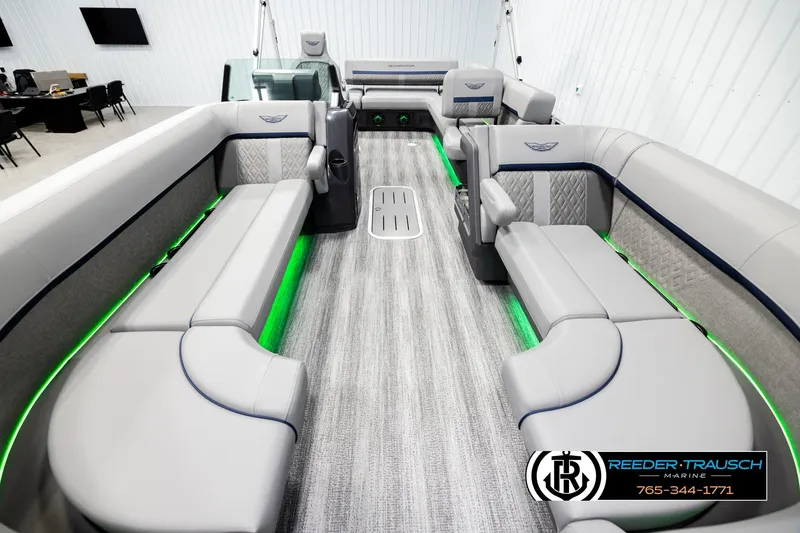 Slide: The Image of Luxurious 2026 Bennington MLSF boat interior with elegant seating and ambient lighting. - 13