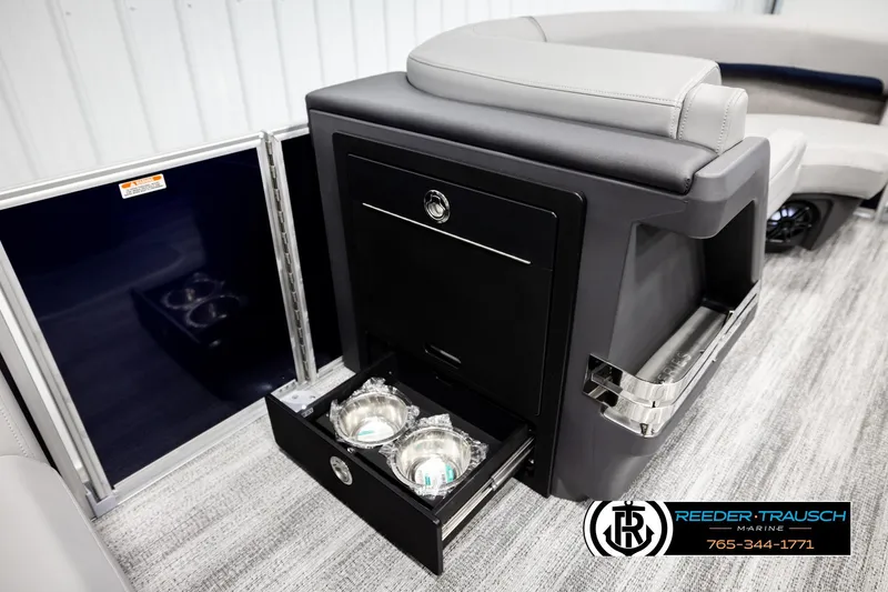 Slide: The Image of 2026 Bennington MLSF boat interior with storage drawer and seating. - 23