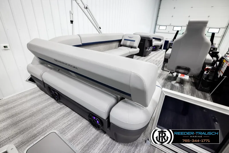 Slide: The Image of 2026 Bennington MLSF pontoon boat interior with luxurious seating and modern design. - 29