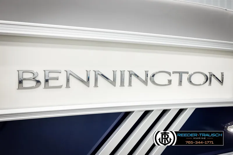 Slide: The Image of 2026 Bennington MLSF boat logo with Reeder-Trausch Marine contact details. - 49