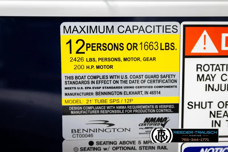 Slide: The Image of 2026 Bennington MLSF boat capacity label, 12 persons or 1663 lbs, 200 HP motor. - 53