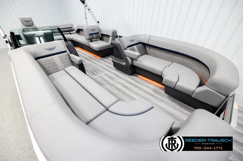 Slide: The Image of Luxurious interior of 2026 Bennington MLSF pontoon boat with plush seating and modern design. - 9