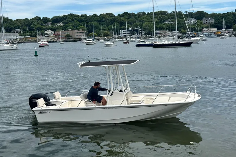 Slide: The Image of A 2026 Boston Whaler 190 Montauk on calm waters with several boats in the background. - 25