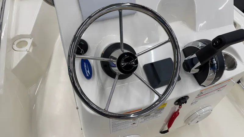 Slide: The Image of Helm of a Boston Whaler 150 Montauk with steering wheel and throttle control. - 25
