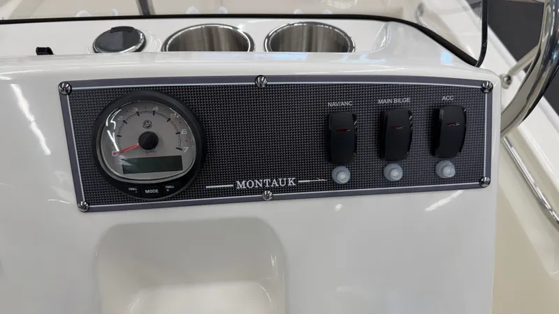 Slide: The Image of Dashboard of the Boston Whaler 150 Montauk with a speedometer and switches. - 29