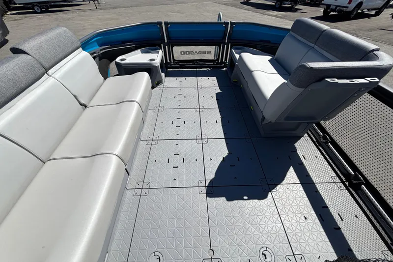 Slide: The Image of 2023 Sea-Doo Switch Cruise 21 interior with spacious seating and modular deck layout. - 39