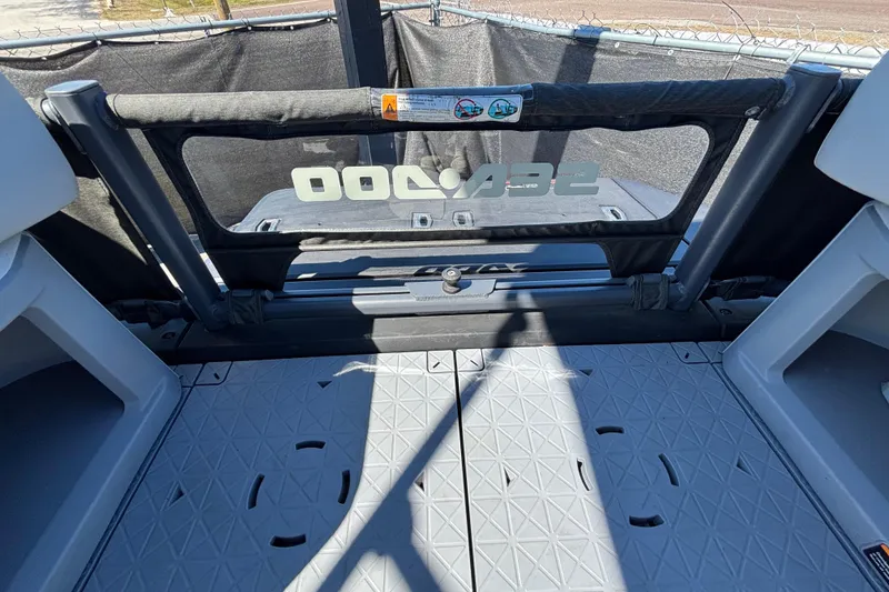 Slide: The Image of 2023 Sea-Doo Switch Cruise 21 interior with seating and deck view. - 81