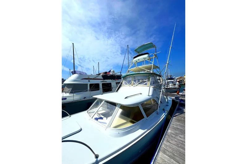 Slide: The Image of 1963 Bertram 31 Sportfisher docked under a clear blue sky. - 32