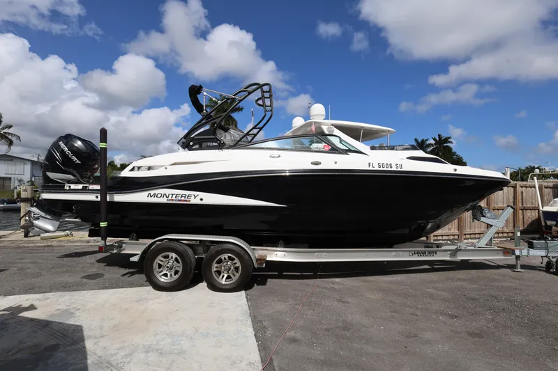 The Image of 2021 Monterey M-65 boat on trailer, parked outdoors under a partly cloudy sky. - 0