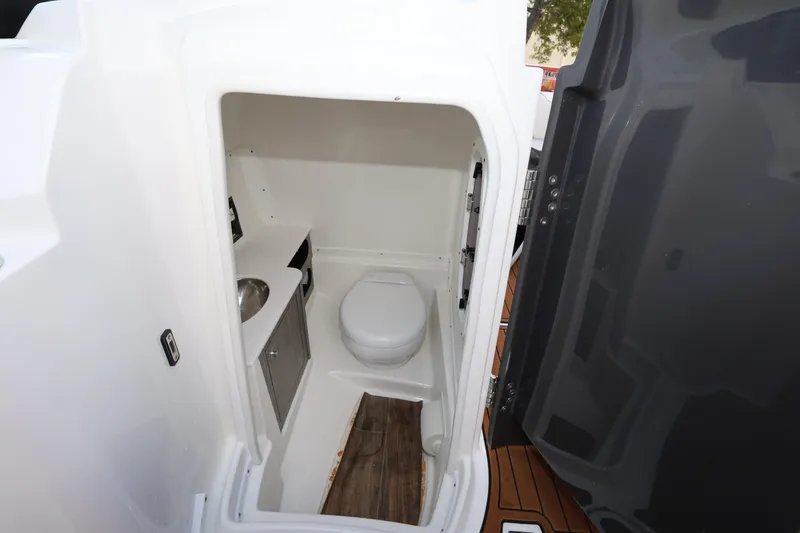 Slide: The Image of 2021 Monterey M-65 boat interior bathroom with toilet and sink. - 24