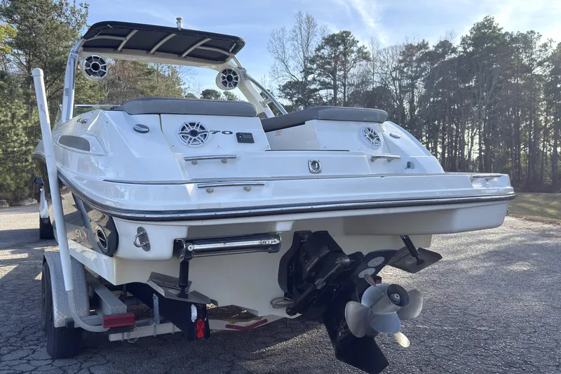 Slide: The Image of 2008 Sea Ray 270 SLX boat on trailer, rear view, outdoors. - 20