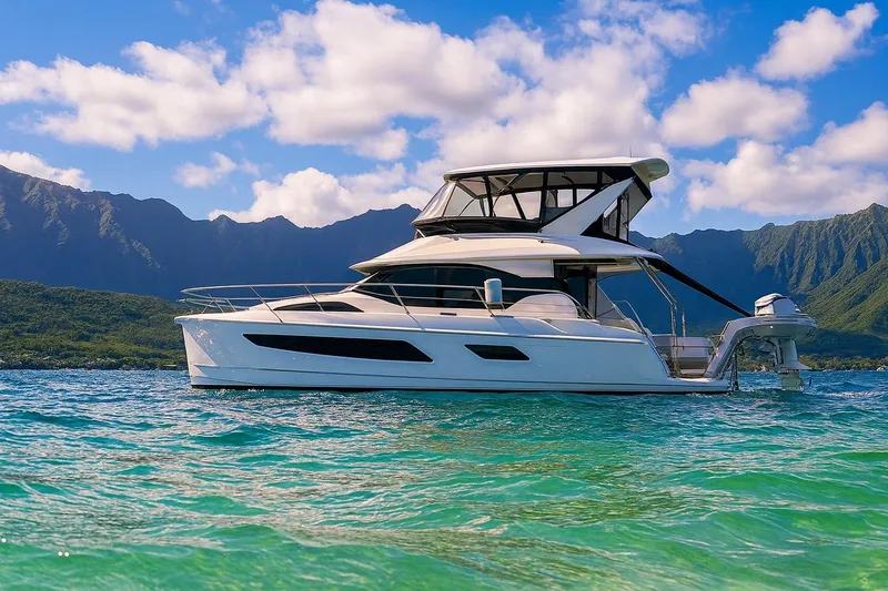 Slide: The Image of Aquila 44 Yacht 2016 cruising on turquoise waters with scenic mountain backdrop. - 1