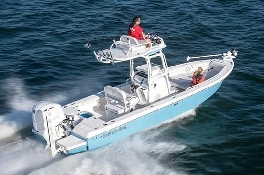 Slide: The Image of Manufacturer Provided Image: 2020 Everglades 243 Center Console boat cruising on open water. - 3