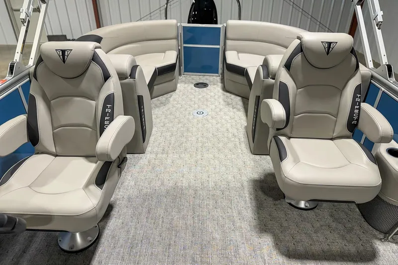 Slide: The Image of Luxurious interior of 2025 Trifecta 22 RF LE pontoon boat with plush seating. - 8