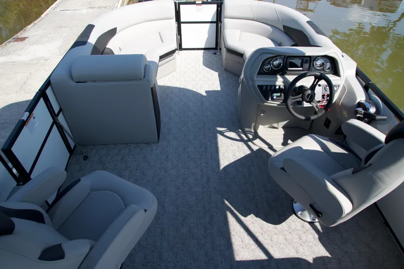 Slide: The Image of Interior of 2026 Berkshire 22 RFX LE pontoon boat with modern seating and helm. - 12