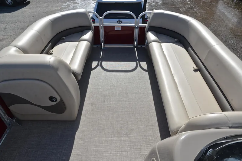 Slide: The Image of 2023 Sun Tracker Party Barge 18 DLX interior with spacious seating and modern design. - 21
