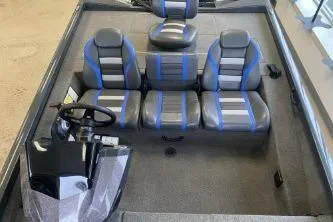 Slide: The Image of 2023 Ranger RT188 boat interior with three blue and gray seats. - 7