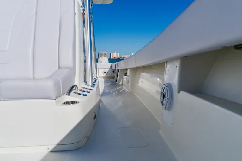 Slide: The Image of 2012 SeaVee 390B boat deck with seating, speakers, and ocean view. - 20