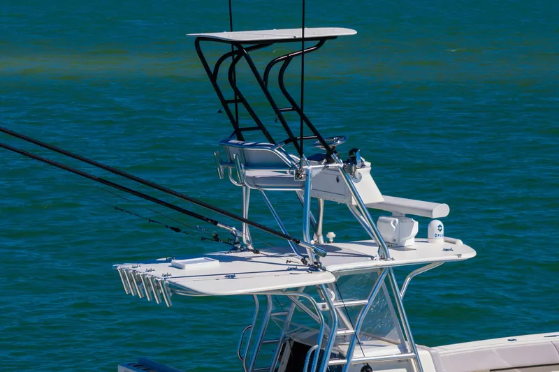 Slide: The Image of SeaVee 390B 2012 boat with fishing tower on blue water. - 23
