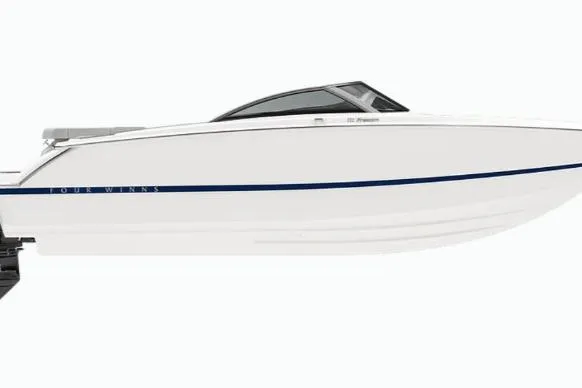 Slide: The Image of 2026 Four Winns H1 Freedom boat, sleek white design with blue accent stripe. - 2