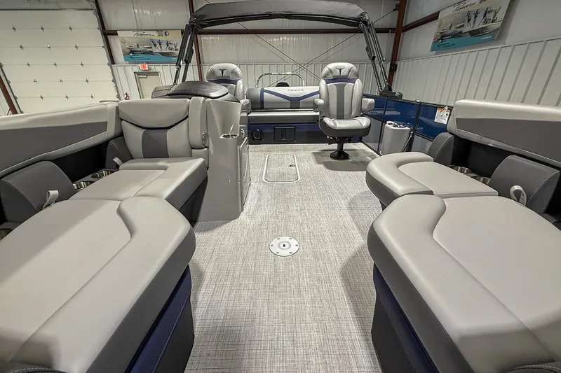 Slide: The Image of 2025 Trifecta 22UL CS pontoon boat interior with luxurious seating and modern design. - 7
