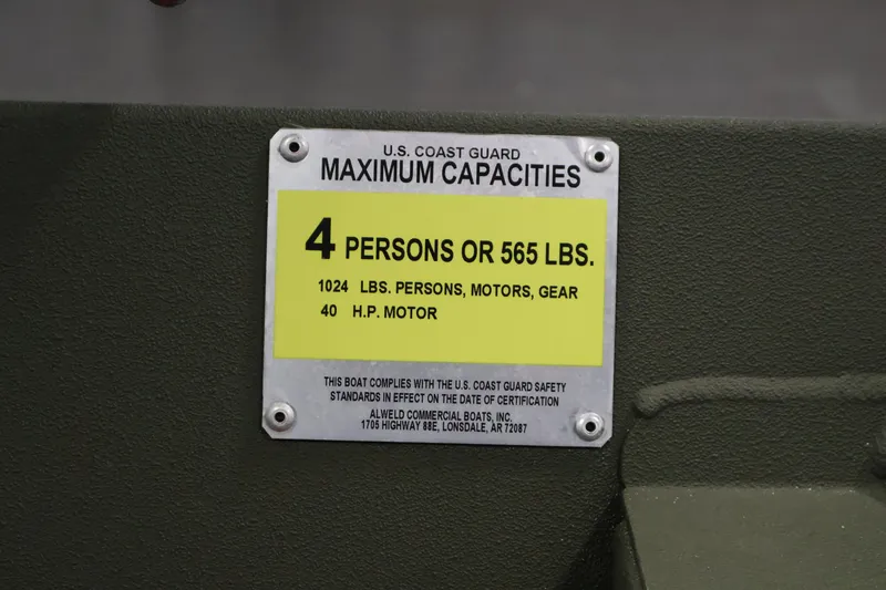 Slide: The Image of 2025 Alweld 1648 Marsh capacity plate, 4 persons or 565 lbs, 40 HP motor limit. - 20