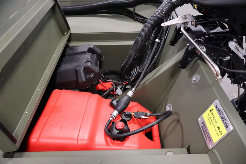 Slide: The Image of 2025 Alweld 1648 Marsh boat interior with red fuel tank and wiring. - 21