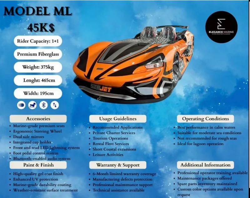 Slide: The Image of Fabbro Jet Car RR 2025: Premium fiberglass, 1+1 capacity, 375kg, 465cm length, 195cm width, $45K. - 12