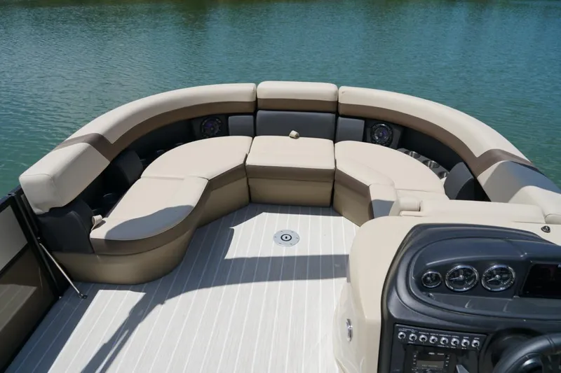 Slide: The Image of Luxurious seating on 2026 Berkshire 22 UL CTS pontoon boat, featuring elegant design and controls. - 9