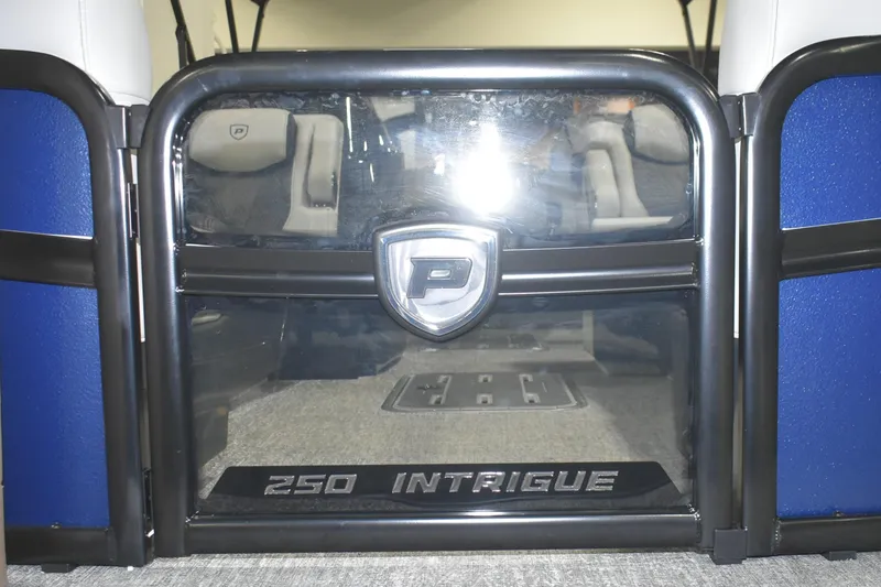 Slide: The Image of 2026 Premier 250 Intrigue RLO-CL boat interior with logo and seating. - 20