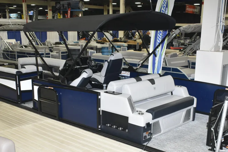 Slide: The Image of 2026 Premier 250 Intrigue RLO - CL pontoon boat with sleek design and spacious seating. - 4