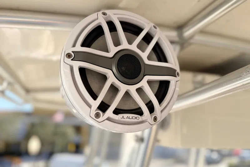 Slide: The Image of JL Audio speaker on 2004 Grady White 273 boat, mounted on metal frame. - 143