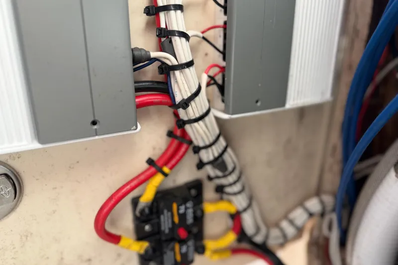 Slide: The Image of Electrical wiring setup on a 2004 Grady White 273 boat, featuring organized cables and connectors. - 96