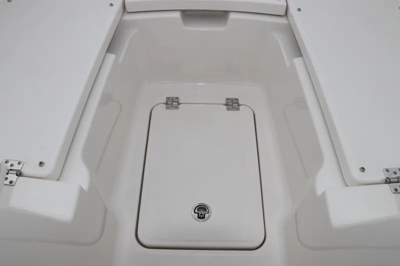 Slide: The Image of 2026 Robalo R257 Dual Console boat interior with open storage compartment. - 51