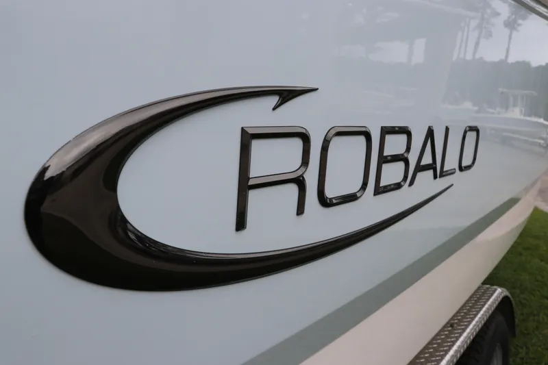 Slide: The Image of 2026 Robalo R257 Dual Console boat logo on sleek white hull. - 62