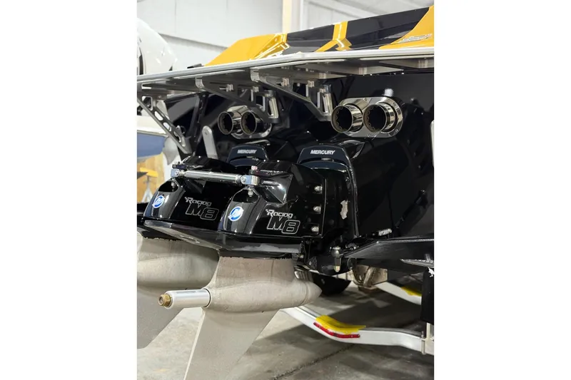 Slide: The Image of Rear view of a 2018 Cigarette 42X boat with Mercury Racing M8 engines. - 20