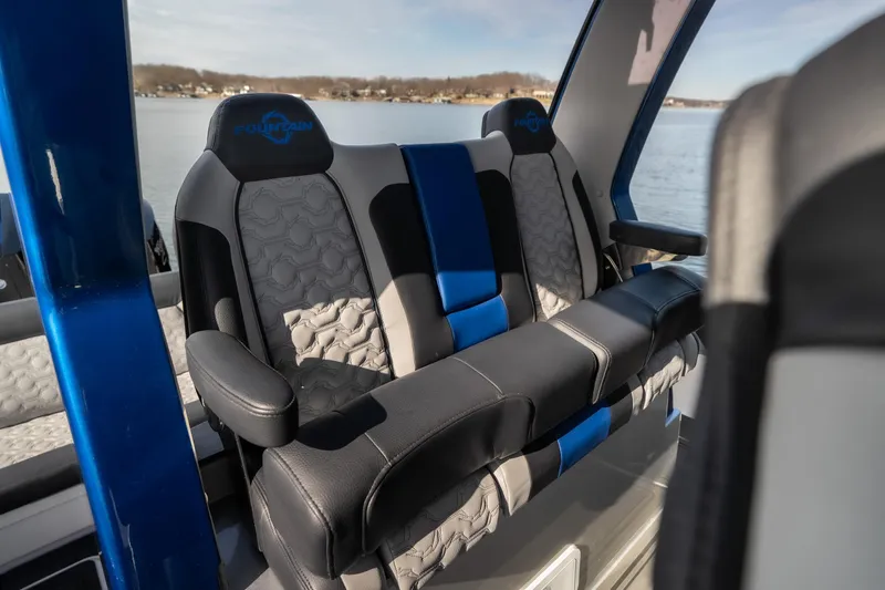 Slide: The Image of 2025 Fountain 43 SCX boat interior with luxurious seating and modern design. - 14
