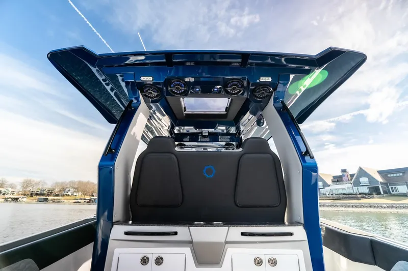 Slide: The Image of 2025 Fountain 43 SCX boat interior with modern design and advanced audio system. - 21