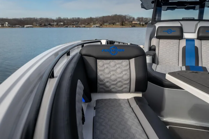 Slide: The Image of 2025 Fountain 43 SCX boat interior with stylish seating and lake view. - 31