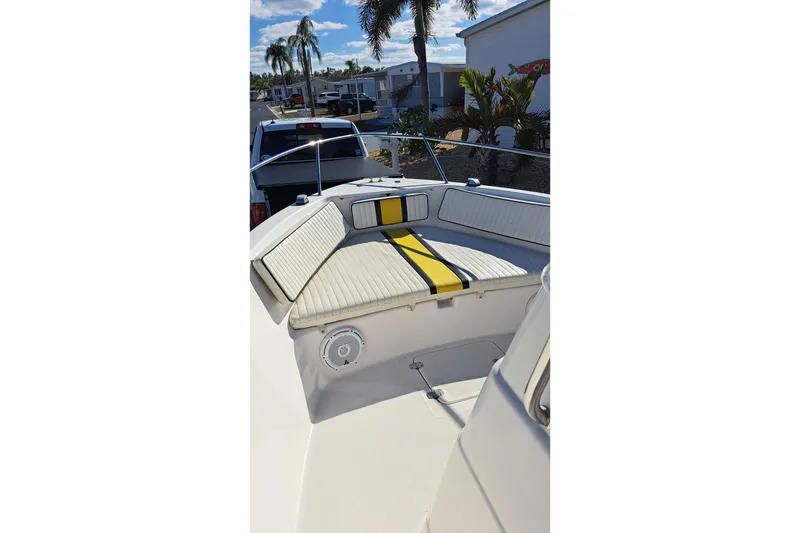 Slide: The Image of 2002 Pro-Line 20 Sport boat with cushioned seating, parked near palm trees. - 7