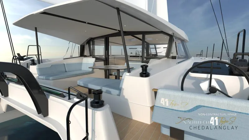 Slide: The Image of 2025 Nautitech 41 Type S catamaran with spacious deck and modern design. - 4