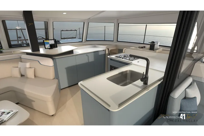 Slide: The Image of Interior of Nautitech 41 Type S 2026 with modern kitchen and seating area. - 20