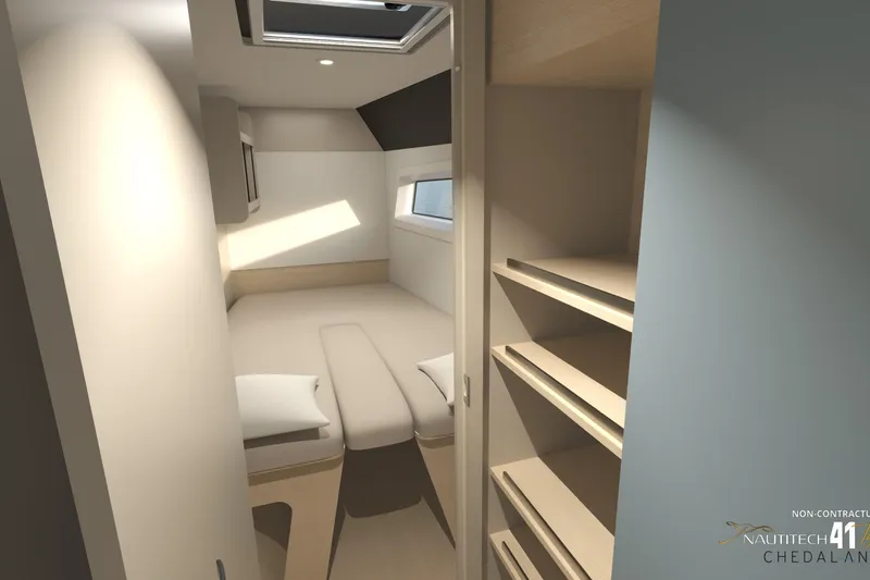 Slide: The Image of Interior of Nautitech 41 Type S 2026 with bed and shelves. - 41