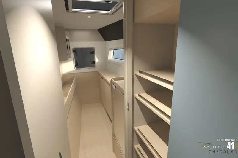 Slide: The Image of Interior of 2026 Nautitech 41 Type S yacht, featuring modern cabinetry. - 42