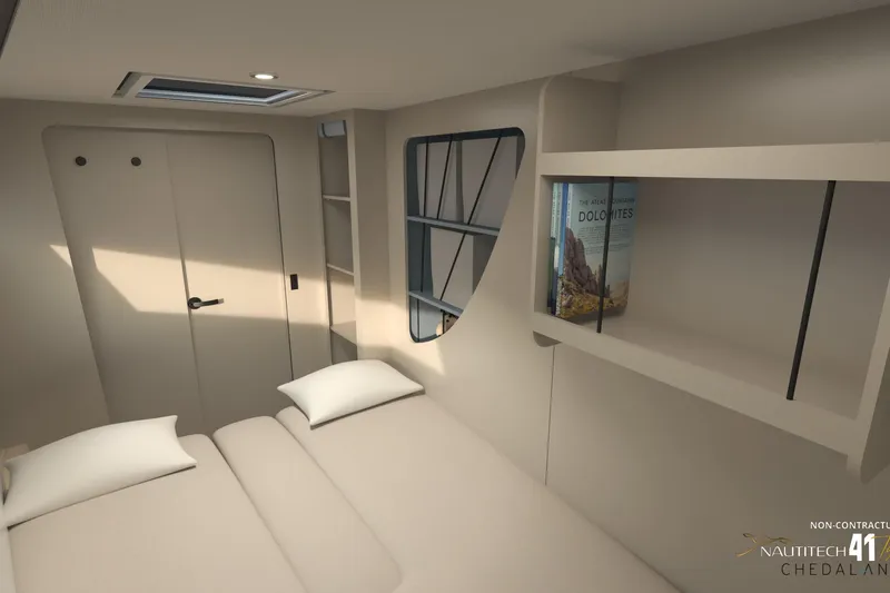 Slide: The Image of Interior of Nautitech 41 Type S 2026 with bed and bookshelf. - 46
