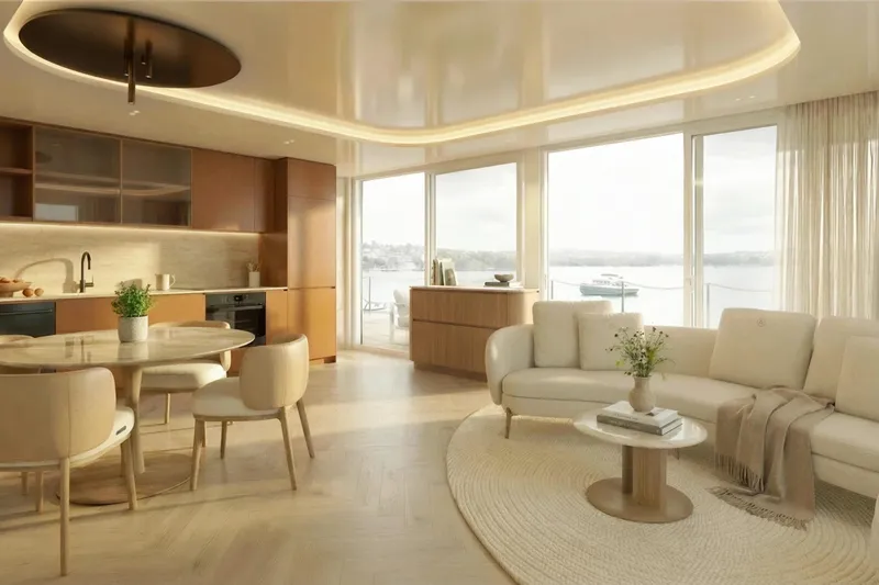 Slide: The Image of Modern Arkhaus Villa 51 interior with lake view, built in 2027. - 2