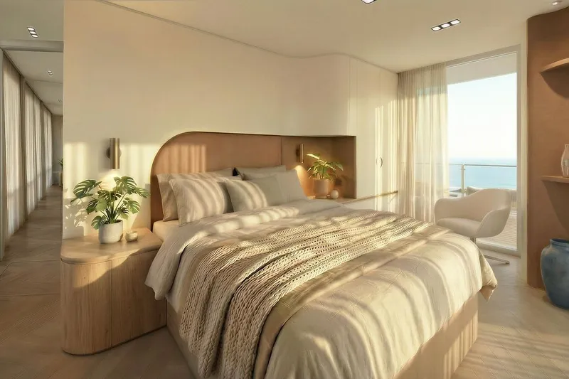 Slide: The Image of Luxurious bedroom in Arkhaus Villa 51, 2027 model, with ocean view. - 3