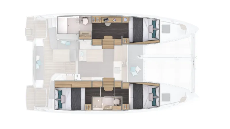 Slide: The Image of 2025 Lagoon 38 catamaran interior layout with cabins, bathrooms, and living area. - 87