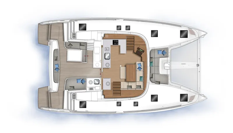 Slide: The Image of Top view of 2025 Lagoon 46 ICONIC catamaran layout, featuring spacious interior and deck design. - 15