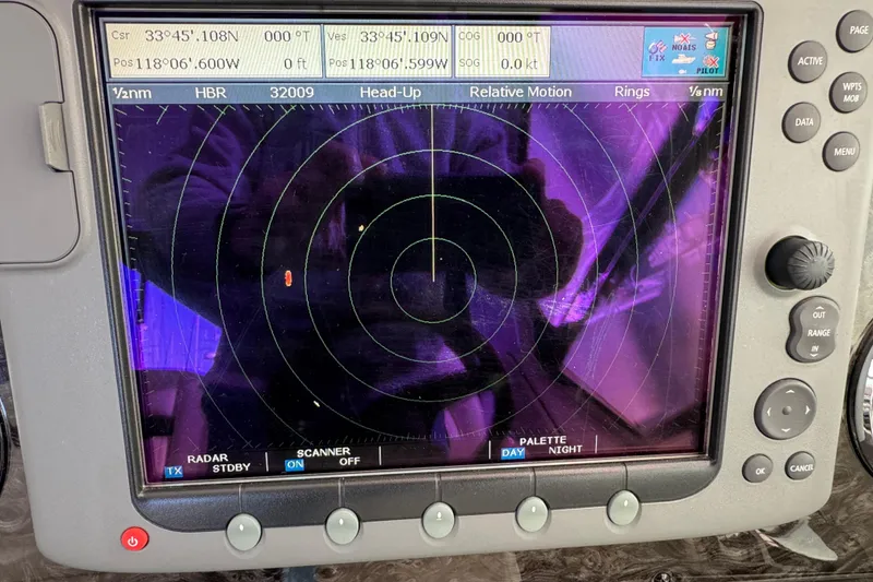 Slide: The Image of Radar display on a 2008 Sea Ray 40 Sundancer boat, showing navigation data. - 17